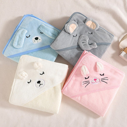 Water Absorbent Baby Bathing Cape, Cartoon Animal Hooded Towel, Coral Velvet Wrap for Kids