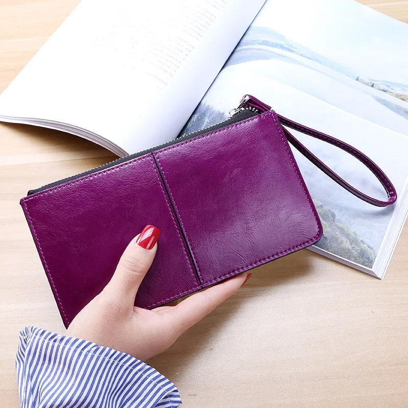 Vintage PU Leather Clutch Wallet For Women Large Capacity Phone Purse Ladies Wristband Card Holder  6