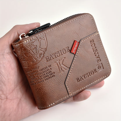 Short Male Card Holder Wallet, PU Wax Oil Skin Purse, Zipper Around Coin Purse
