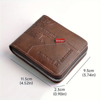 Short Male Card Holder Wallet, PU Wax Oil Skin Purse, Zipper Around Coin Purse