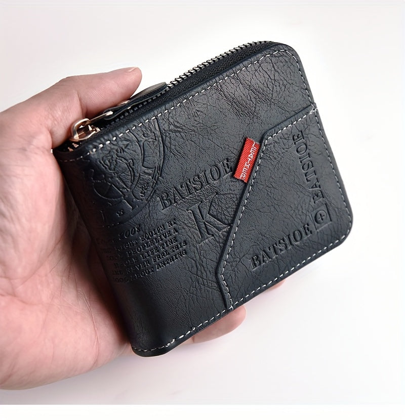 Short Male Card Holder Wallet, PU Wax Oil Skin Purse, Zipper Around Coin Purse