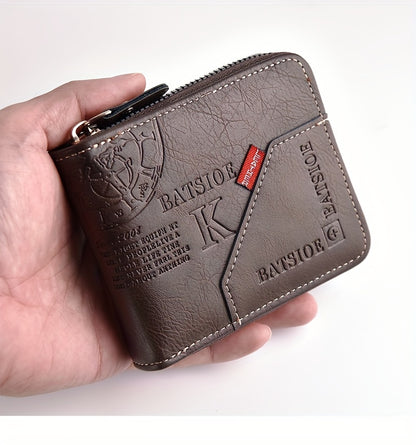 Short Male Card Holder Wallet, PU Wax Oil Skin Purse, Zipper Around Coin Purse