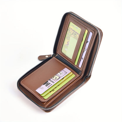 Short Male Card Holder Wallet, PU Wax Oil Skin Purse, Zipper Around Coin Purse
