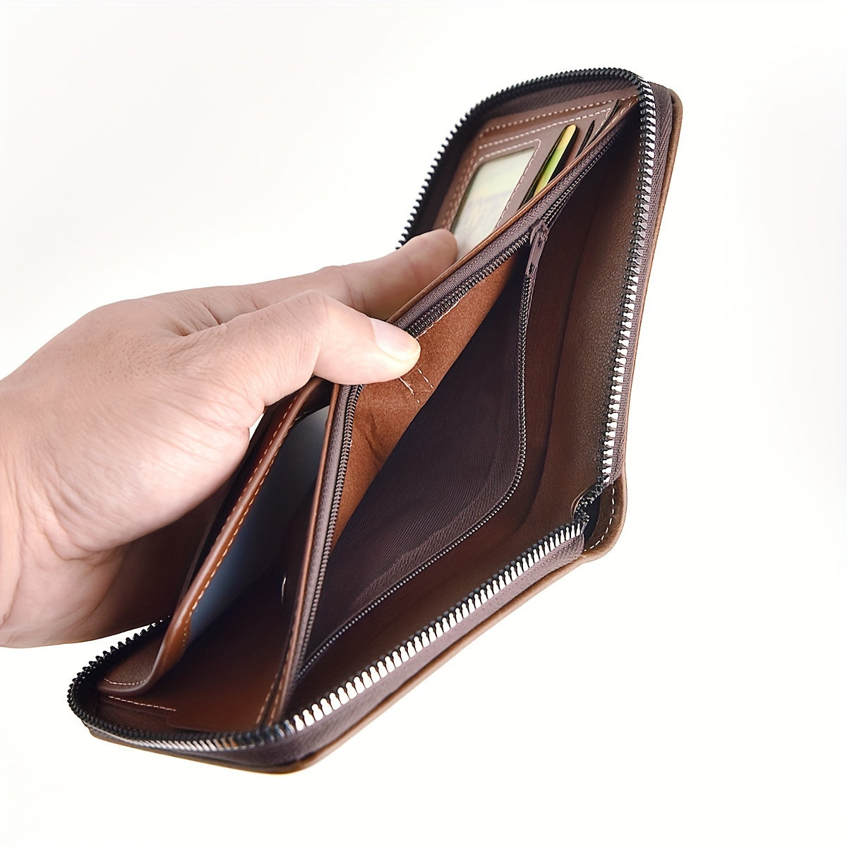 Short Male Card Holder Wallet, PU Wax Oil Skin Purse, Zipper Around Coin Purse