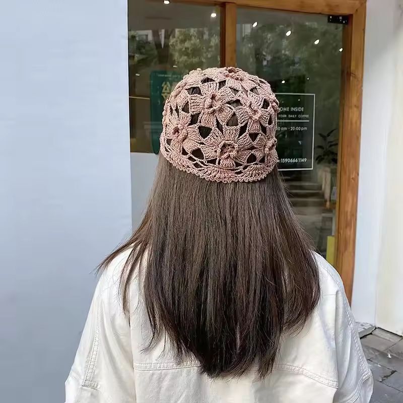 Cotton Crochet Mesh Beret  Lightweight HollowOut Knit Cap For Stylish Comfort 1