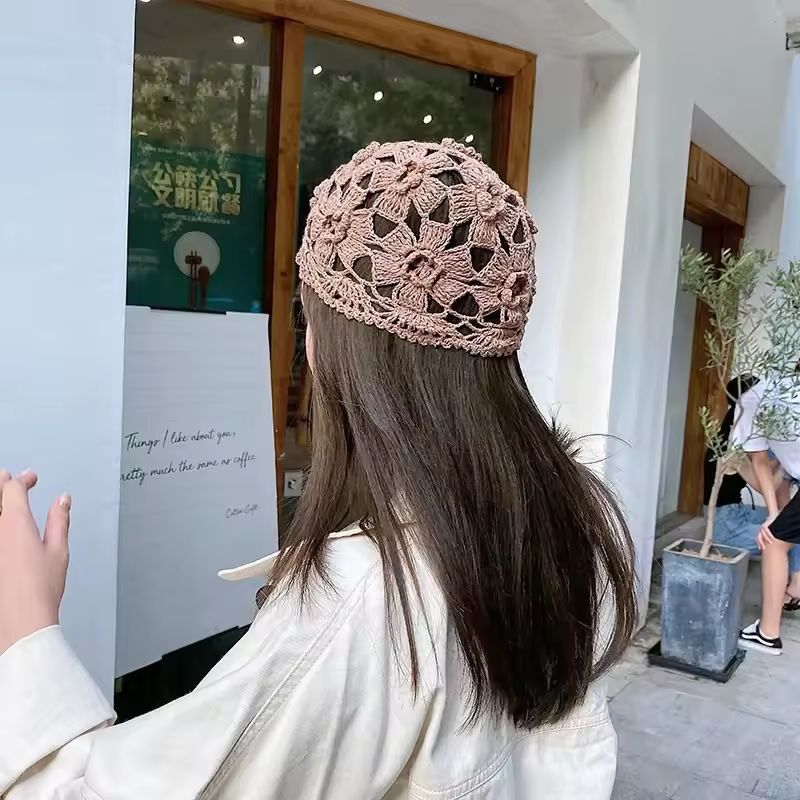 Cotton Crochet Mesh Beret  Lightweight HollowOut Knit Cap For Stylish Comfort 3