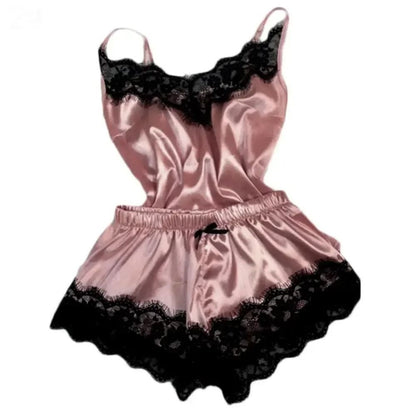 Womens Lace Satin Pajama Set with V Neck Top and Shorts