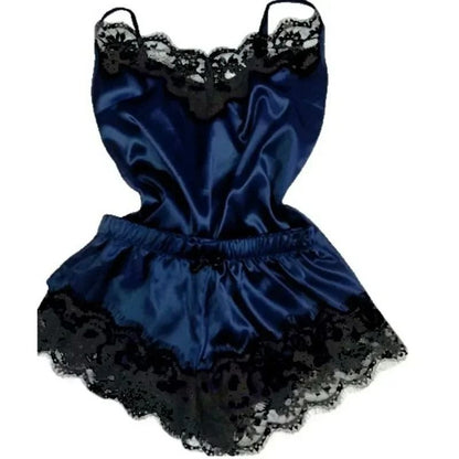 Womens Lace Satin Pajama Set With V Neck Top And Shorts 10