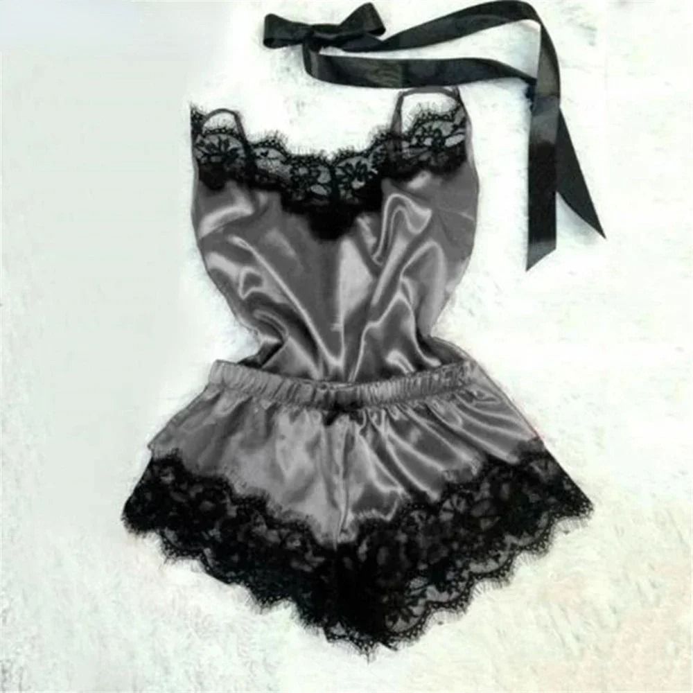 Womens Lace Satin Pajama Set With V Neck Top And Shorts 11