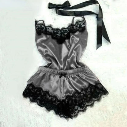 Womens Lace Satin Pajama Set With V Neck Top And Shorts 11