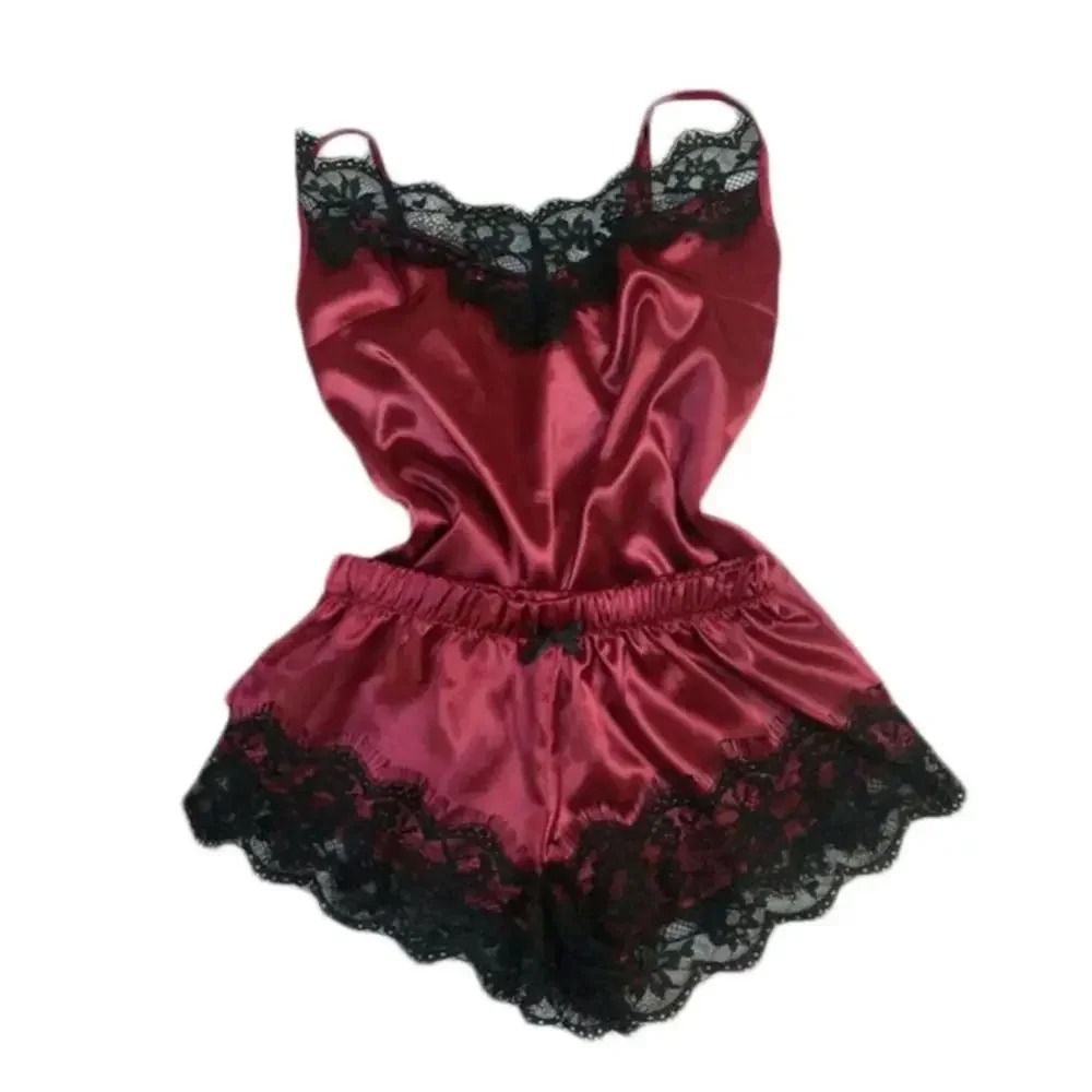 Womens Lace Satin Pajama Set With V Neck Top And Shorts 1