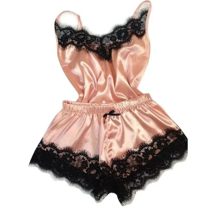 Womens Lace Satin Pajama Set With V Neck Top And Shorts 6