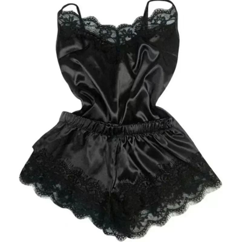 Womens Lace Satin Pajama Set With V Neck Top And Shorts 8