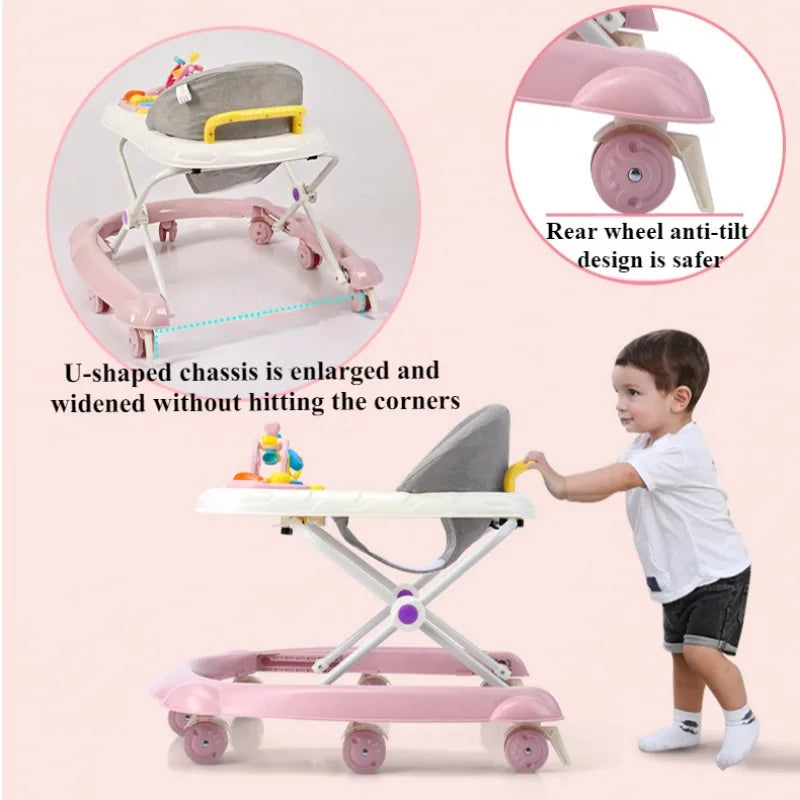 Push Handle Baby Push Walker with Music Light Spinning Toy, Safety Brake Floor Mats, Baby Walker Anti slip Dining Tray