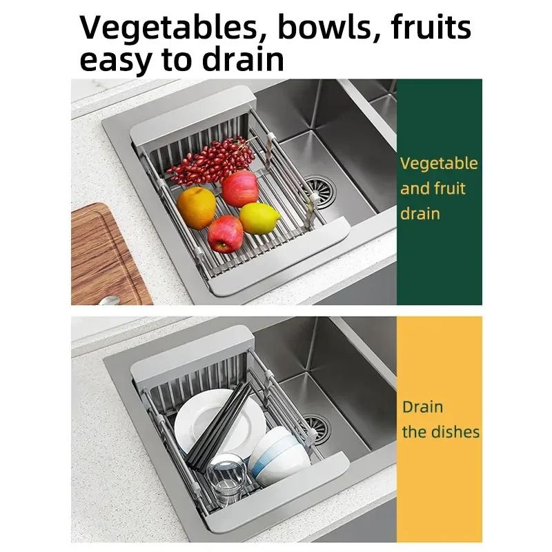 Folding Kitchen Sink Drain Rack Stainless Steel Dish Drain Basket Space Saving Sink Organizer 2