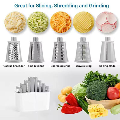 Compact 5in1 Rotary Cheese Grater  Mandoline Slicer  Multifunctional Vegetable Slicer  Nut Chopper 2