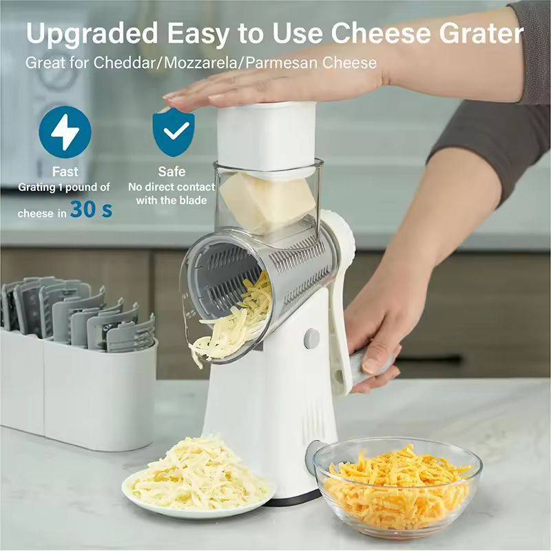 Compact 5in1 Rotary Cheese Grater  Mandoline Slicer  Multifunctional Vegetable Slicer  Nut Chopper 5