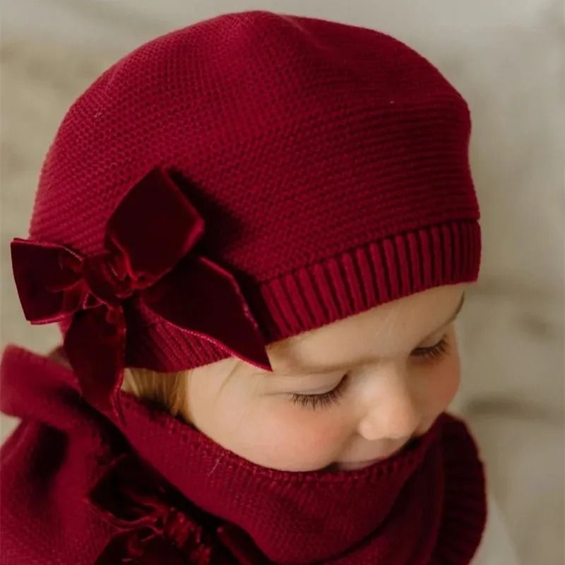 Warm Bowknot Knitted Beret Hat for Girls Soft Winter Beanie for Kids