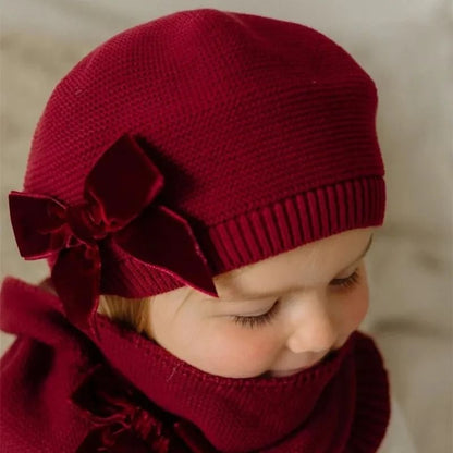 Warm Bowknot Knitted Beret Hat for Girls Soft Winter Beanie for Kids