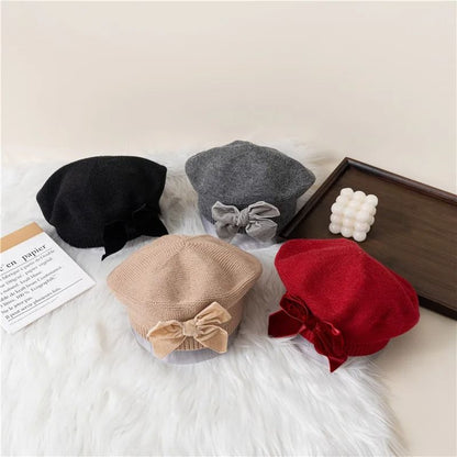 Warm Bowknot Knitted Beret Hat For Girls Soft Winter Beanie For Kids 1