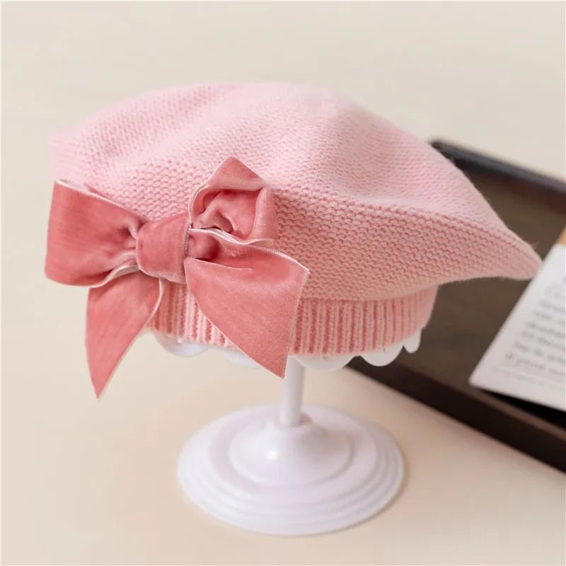 Warm Bowknot Knitted Beret Hat For Girls Soft Winter Beanie For Kids 3