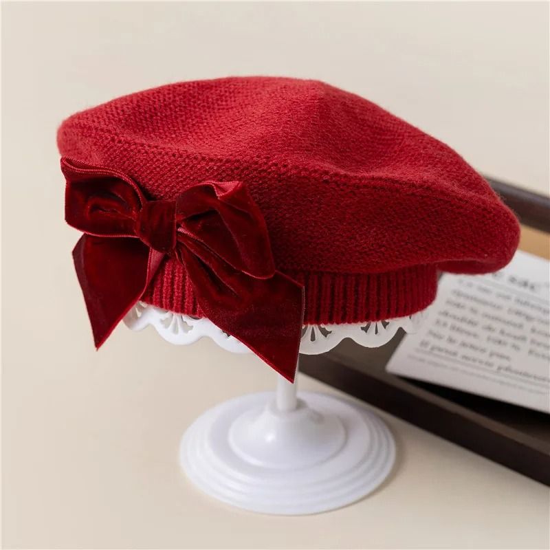 Warm Bowknot Knitted Beret Hat For Girls Soft Winter Beanie For Kids 4