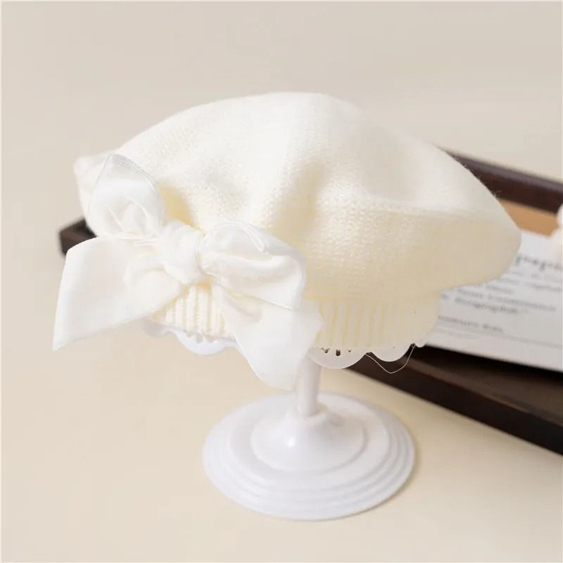 Warm Bowknot Knitted Beret Hat For Girls Soft Winter Beanie For Kids 9
