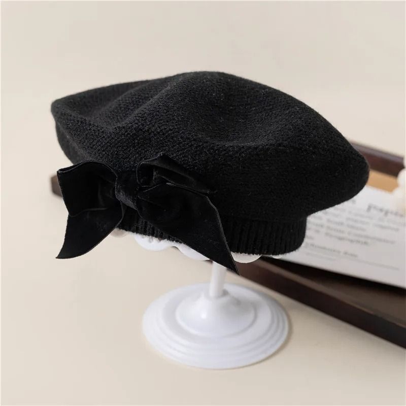 Warm Bowknot Knitted Beret Hat For Girls Soft Winter Beanie For Kids 10
