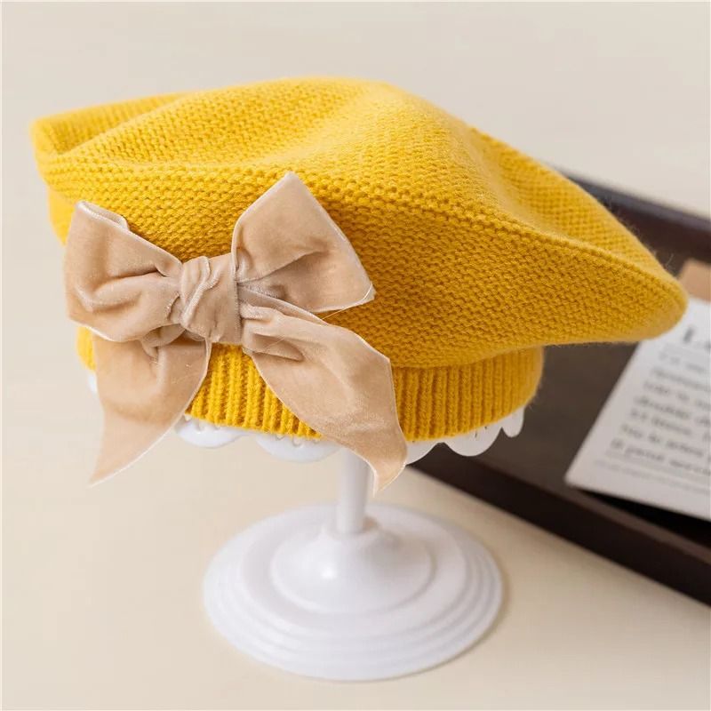 Warm Bowknot Knitted Beret Hat For Girls Soft Winter Beanie For Kids 11
