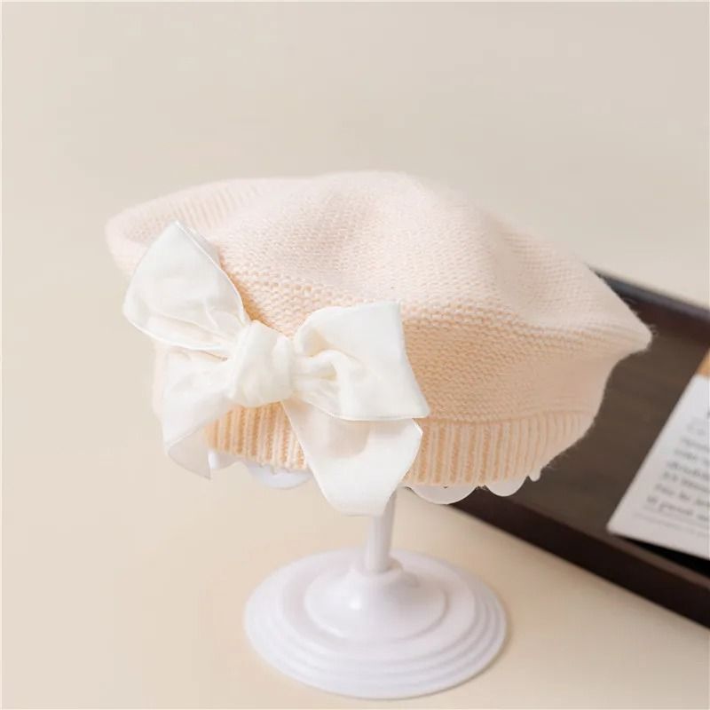 Warm Bowknot Knitted Beret Hat For Girls Soft Winter Beanie For Kids 12