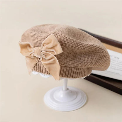 Warm Bowknot Knitted Beret Hat For Girls Soft Winter Beanie For Kids 6