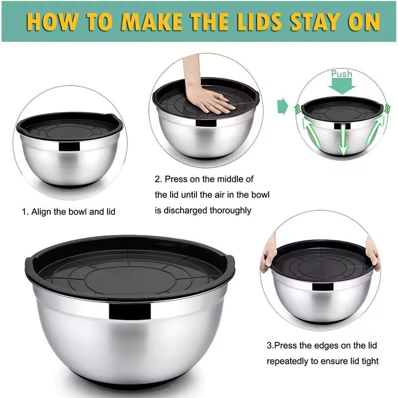 Premium Stainless Steel Mixing Bowl Set With Lids  NonSlip Bases 3