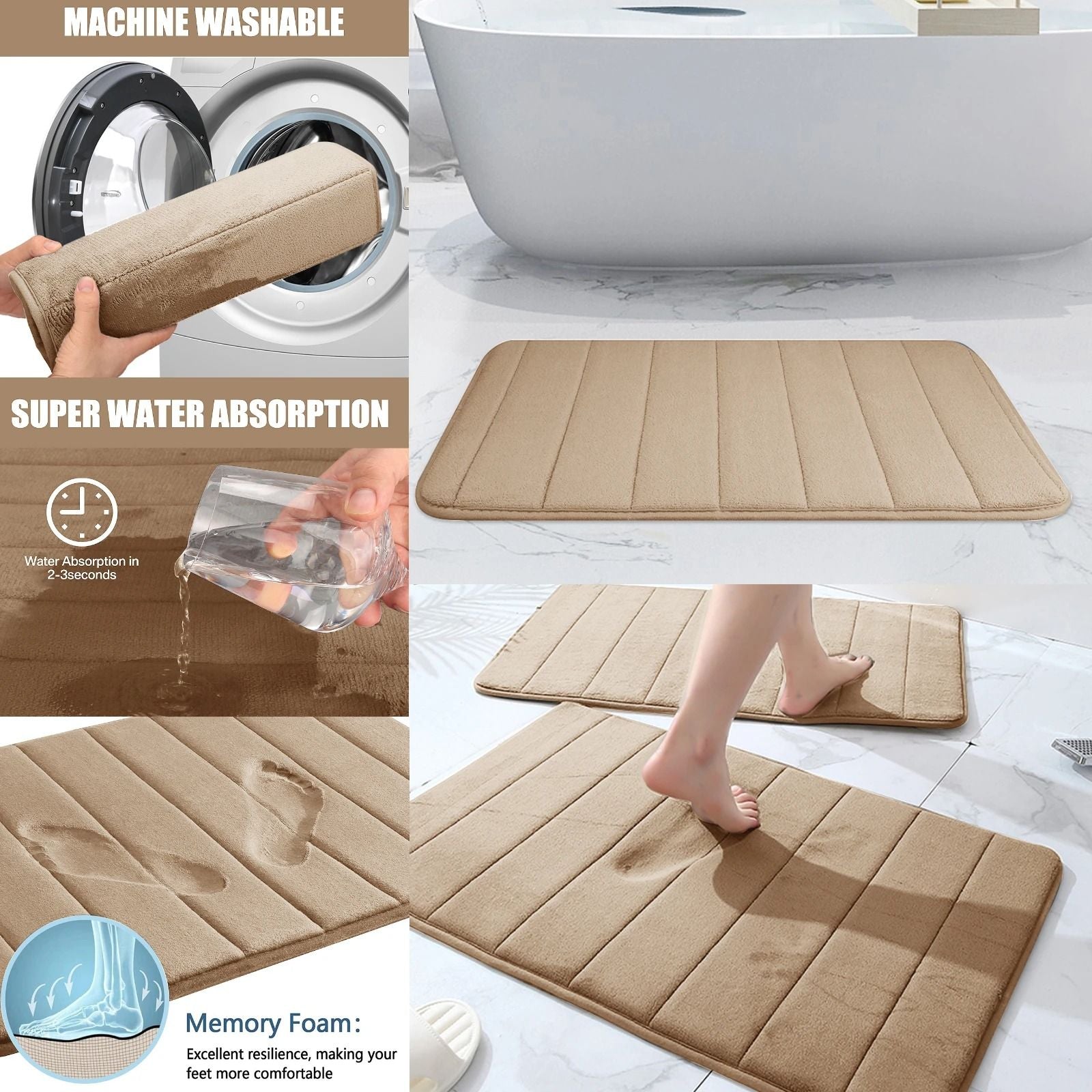 Super Absorbent Memory Foam Bath Mat Set Non Slip Bathroom Rug And Toilet Footpad 6