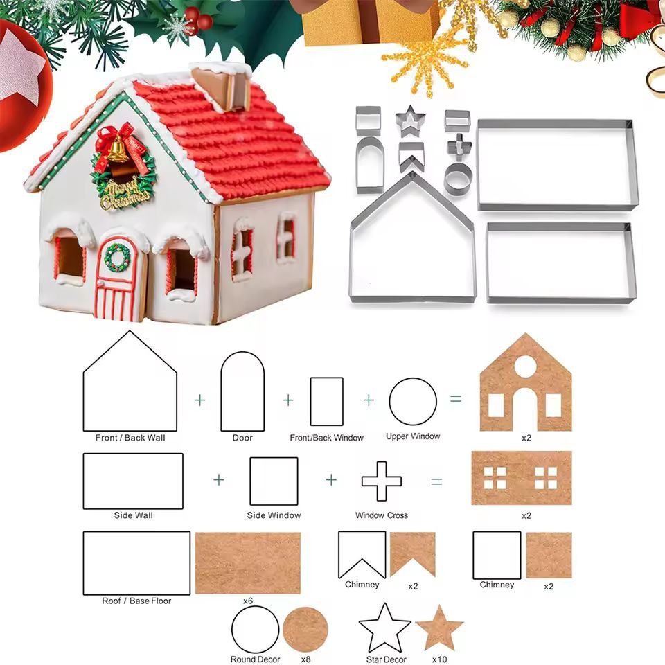 Stainless Steel Holiday Gingerbread House Cookie Cutter Set  10Piece Christmas Baking Kit 1