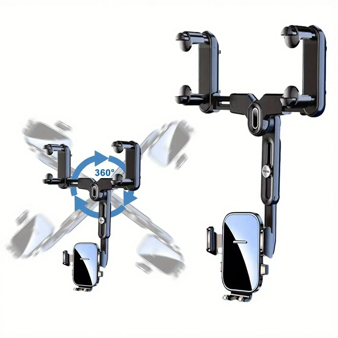 360 Degree Adjustable Car Rearview Mirror Phone Holder with Retractable Clamp Design