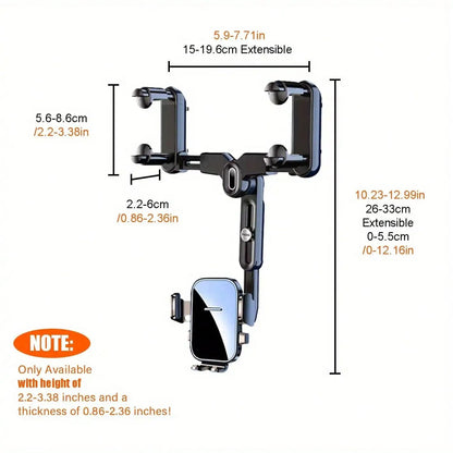 360 Degree Adjustable Car Rearview Mirror Phone Holder With Retractable Clamp Design 1