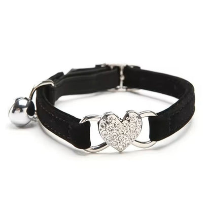 Heart Charm & Bell Cat Collar Adjustable Soft Velvet Safety Collar for Small Cats & Small Dogs (8 Colors)