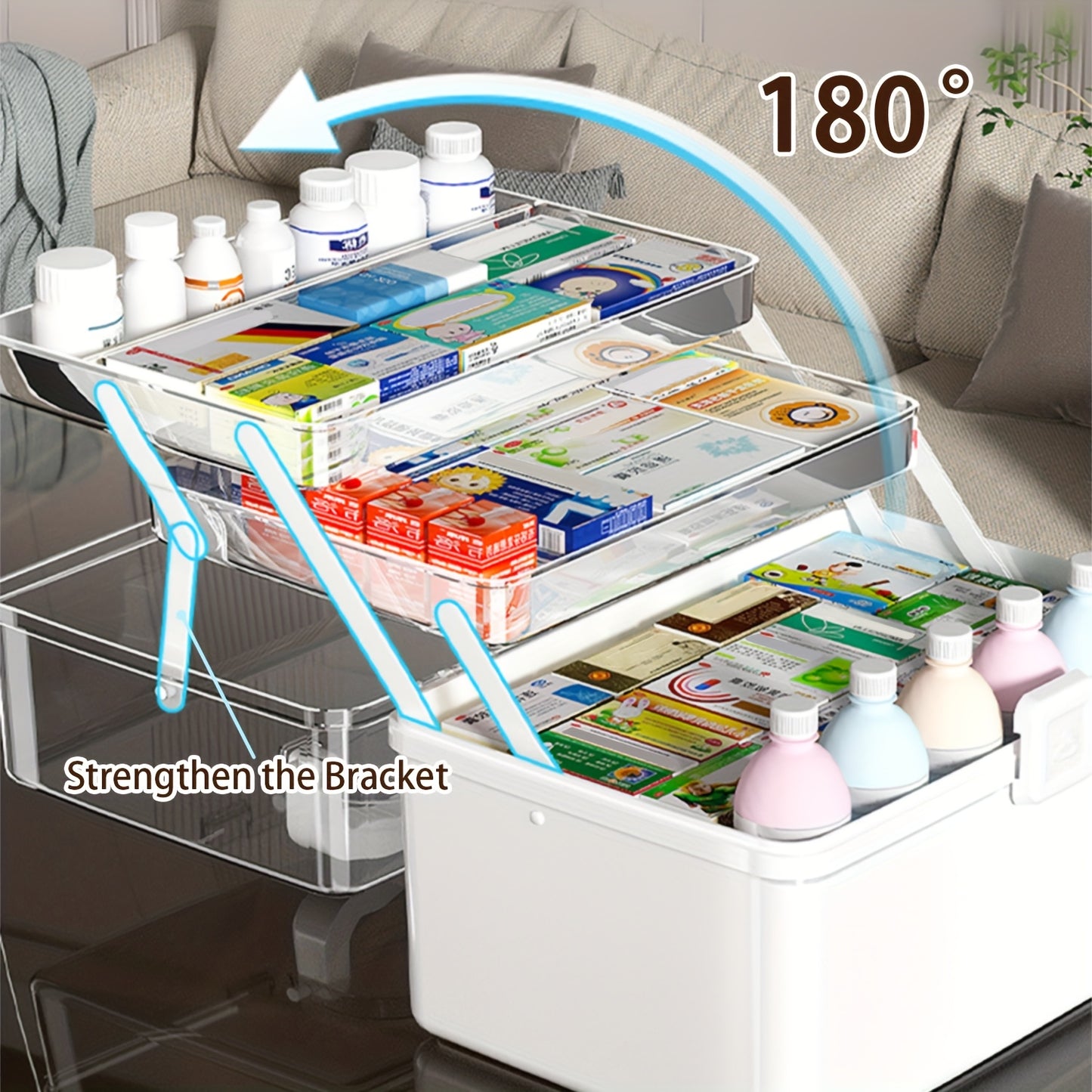 Three layer large capacity household medicine box, foldable toolbox multi functional storage box, art handicraft storage