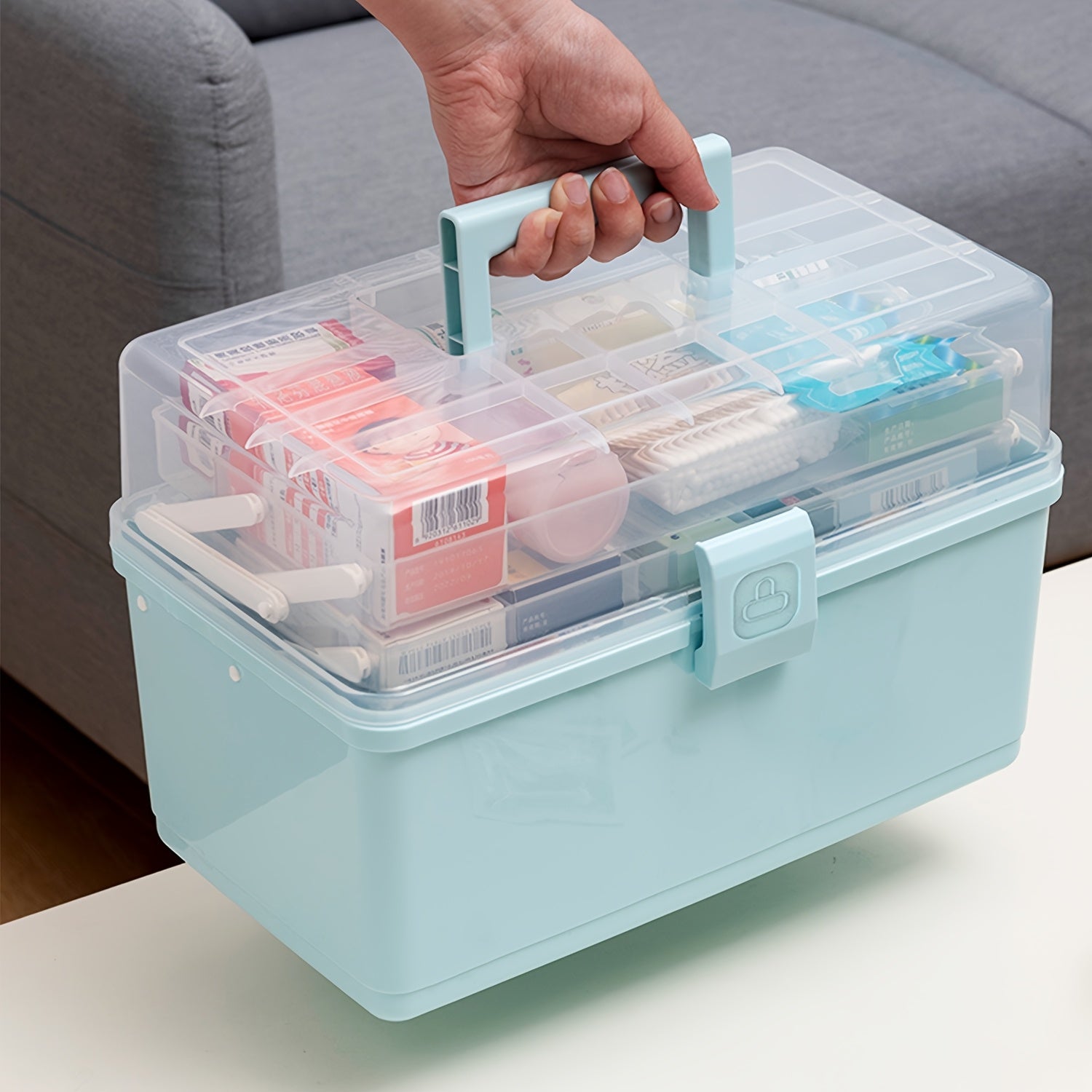 Three layer large capacity household medicine box, foldable toolbox multi functional storage box, art handicraft storage