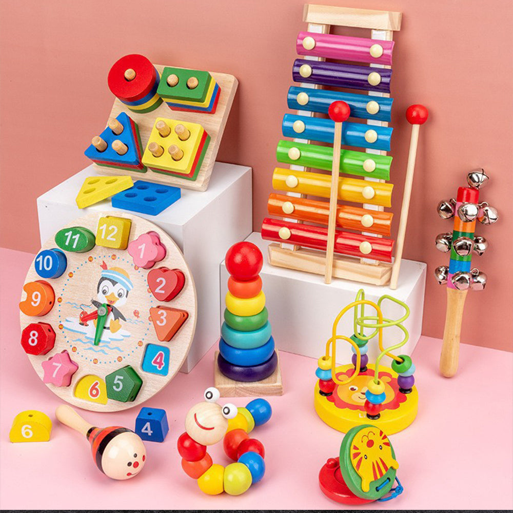 Sensory Learning Toys Montessori Wooden Set with Xylophone, Rattle, Drum, Bell
