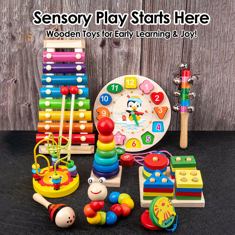 Sensory Learning Toys Montessori Wooden Set with Xylophone, Rattle, Drum, Bell