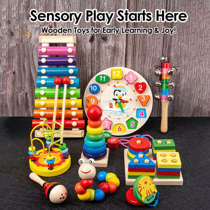Sensory Learning Toys Montessori Wooden Set with Xylophone, Rattle, Drum, Bell