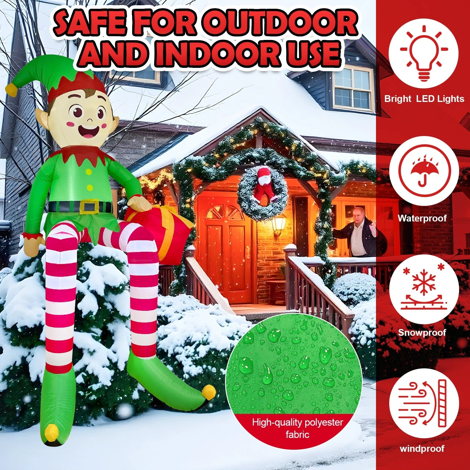 Christmas Inflatable Sitting Elf Holding Gift Bag Holiday DIY Decoration LED Light Xmas Outdoor Toy 4