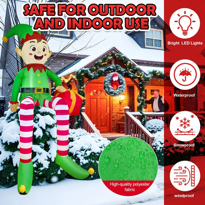 Christmas Inflatable Sitting Elf Holding Gift Bag Holiday DIY Decoration LED Light Xmas Outdoor Toy 4