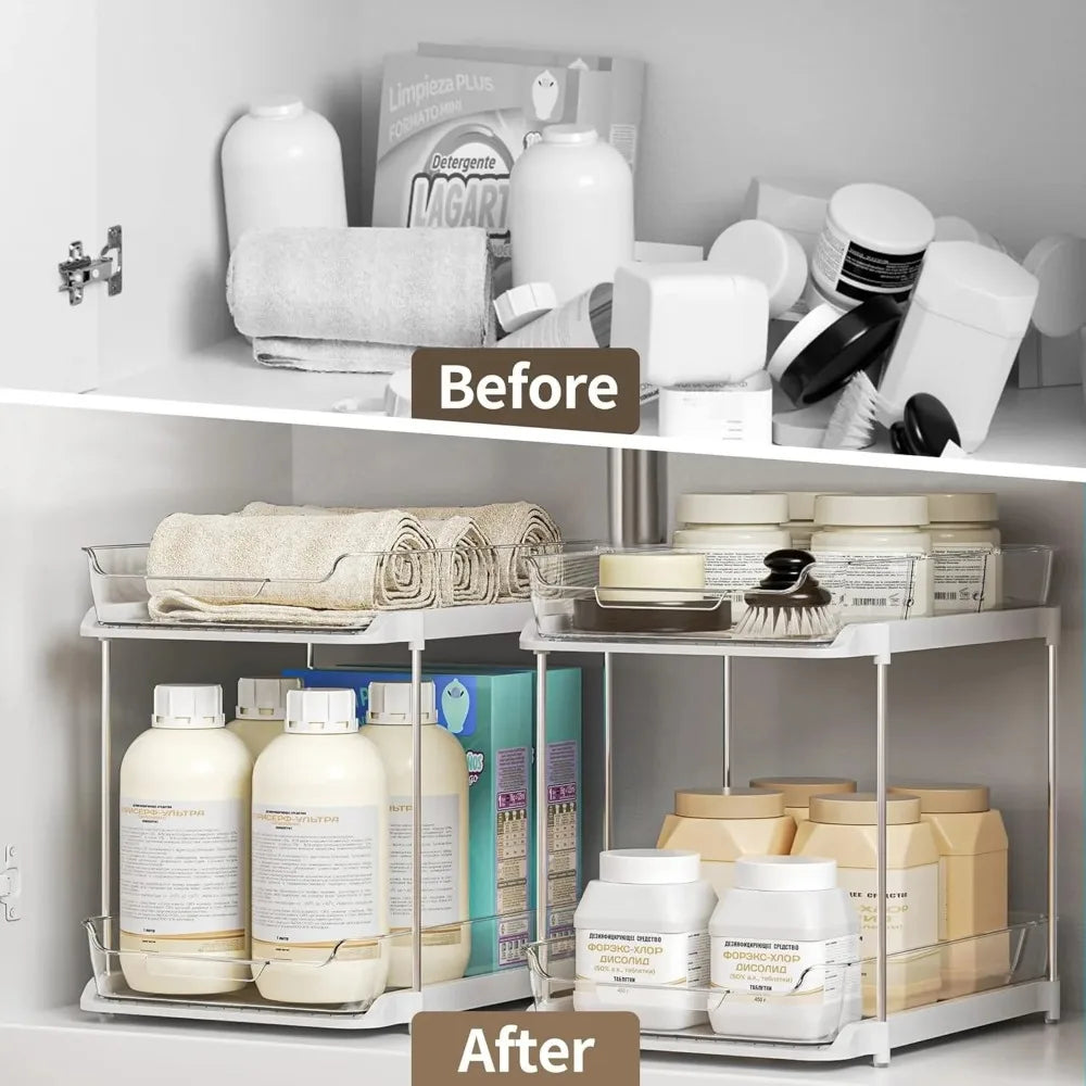 2Tier Pull Out Under Sink Storage Shelf MultiPurpose Organizer For Bathroom Cabinet Kitchen Pantry 0