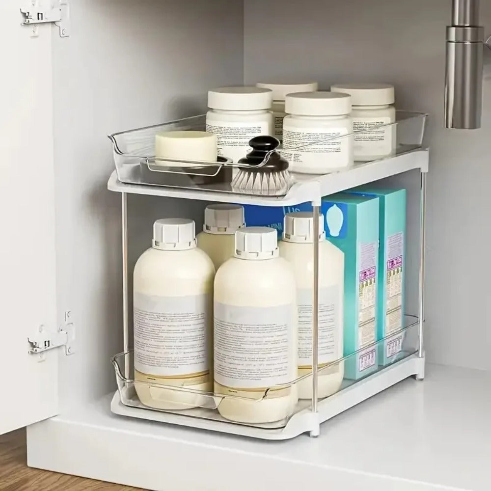 2-Tier Pull Out Under Sink Storage Shelf, Multi-Purpose Organizer for Bathroom Cabinet, Kitchen Pantry