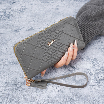 Women's Korean Version Long Wallet with Mobile Phone Bag, Simple Zipper Wallet, Tassel Handbag