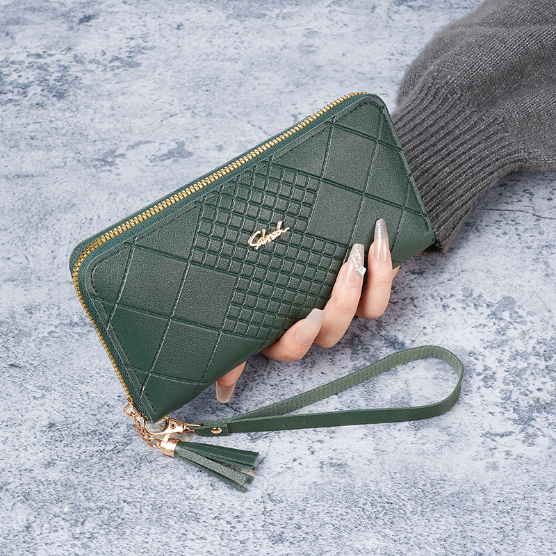 Women's Korean Version Long Wallet with Mobile Phone Bag, Simple Zipper Wallet, Tassel Handbag