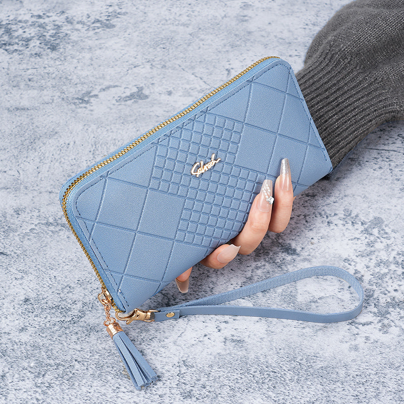 Women's Korean Version Long Wallet with Mobile Phone Bag, Simple Zipper Wallet, Tassel Handbag