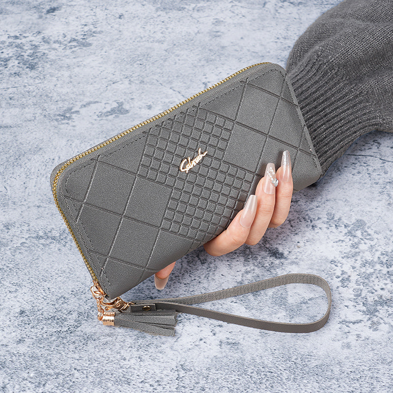 Women's Korean Version Long Wallet with Mobile Phone Bag, Simple Zipper Wallet, Tassel Handbag